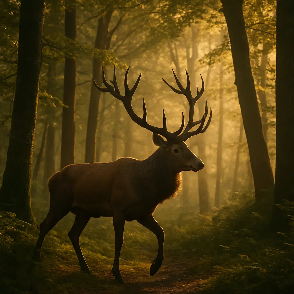 Voksen hjort med majestætisk gevir, som græsser stille i solbeskinnet skov.