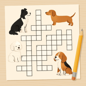 Fladt layout af hundekrydsord med blyant, hundeillustrationer og plads til sjove hundenavne
