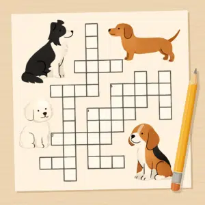 Fladt layout af hundekrydsord med blyant, hundeillustrationer og plads til sjove hundenavne