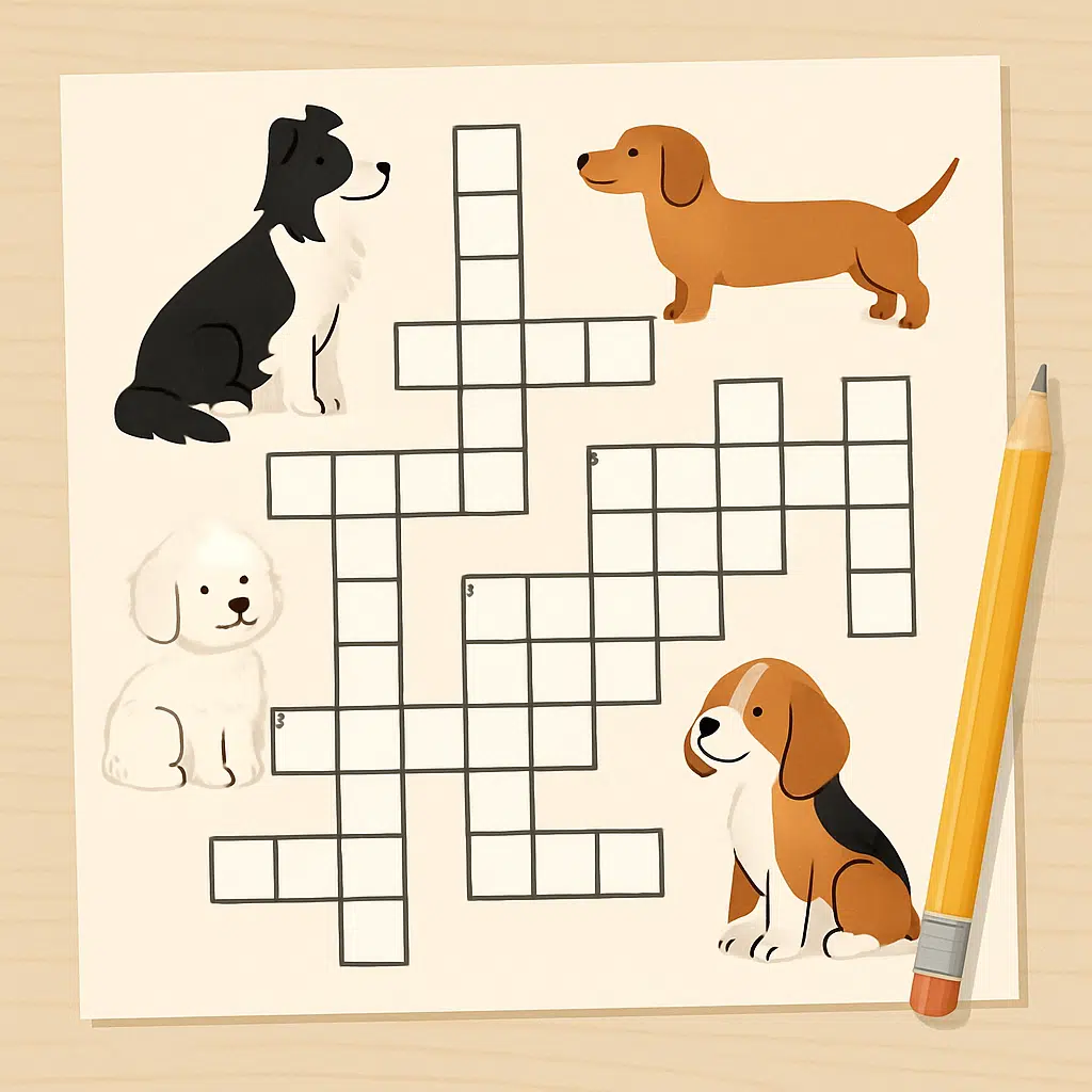 Fladt layout af hundekrydsord med blyant, hundeillustrationer og plads til sjove hundenavne