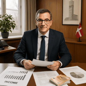 Aarhus borgmester sidder ved sit rådhusbord med årsopgørelser og dokumenter, der symboliserer hans løn for 2024.