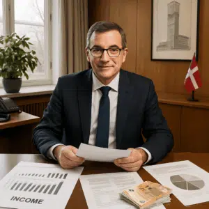 Aarhus borgmester sidder ved sit rådhusbord med årsopgørelser og dokumenter, der symboliserer hans løn for 2024.