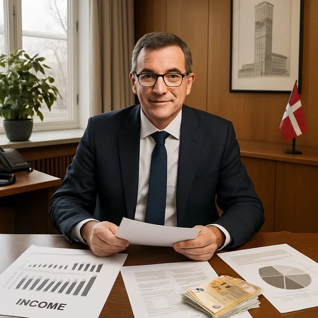 Aarhus borgmester sidder ved sit rådhusbord med årsopgørelser og dokumenter, der symboliserer hans løn for 2024.