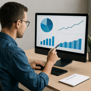 UX-designer sidder ved skrivebord og analyserer lønstatistikker med diagrammer over UX designer løn i Danmark.