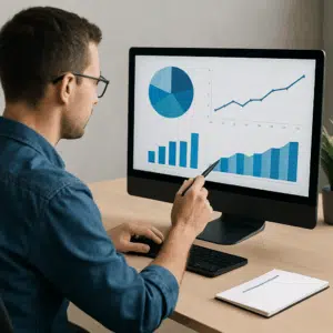 UX-designer sidder ved skrivebord og analyserer lønstatistikker med diagrammer over UX designer løn i Danmark.