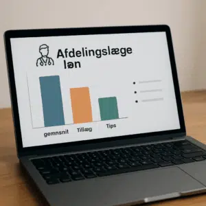 Afdelingslæge lønberegning 2024 vist på bærbar med grafer over gennemsnit, tillæg og tips til lønforhandling