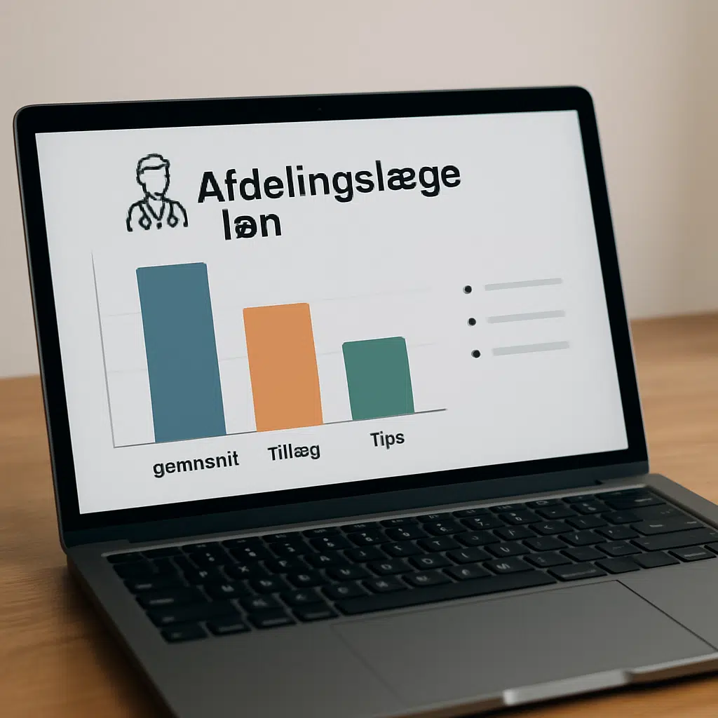 Afdelingslæge lønberegning 2024 vist på bærbar med grafer over gennemsnit, tillæg og tips til lønforhandling