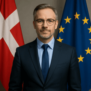 Dansk diplomat iført jakkesæt foran Danmark og EU-flag, der illustrerer ambassadør løn i 2024