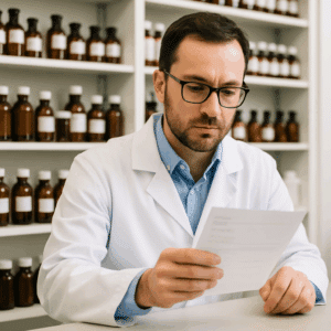 Apoteker bag apoteksdisken gennemgår lønseddel med medicinflasker i baggrunden – apoteker løn 2024