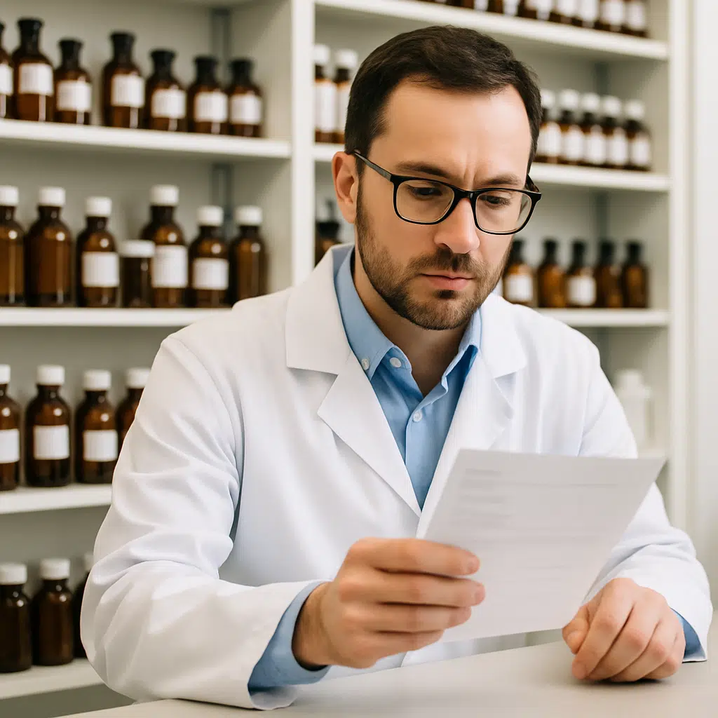 Apoteker bag apoteksdisken gennemgår lønseddel med medicinflasker i baggrunden – apoteker løn 2024