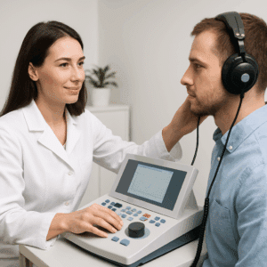 Audiolog, der udfører høretest med et moderne audiometer i klinik – symbol på audiolog løn 2024, gennemsnitlig løn og karrieremuligheder