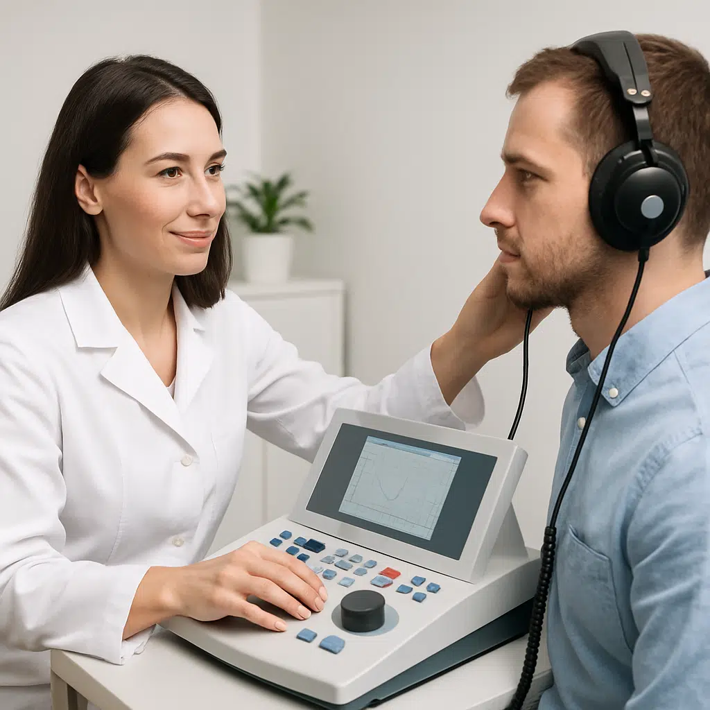Audiolog, der udfører høretest med et moderne audiometer i klinik – symbol på audiolog løn 2024, gennemsnitlig løn og karrieremuligheder