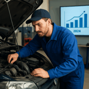 Autoredder i blå arbejdstøj undersøger bilmotor i værksted med diagram over gennemsnitlig løn og karriereudsigter 2024