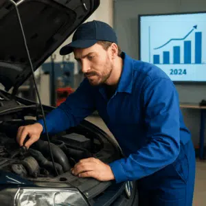 Autoredder i blå arbejdstøj undersøger bilmotor i værksted med diagram over gennemsnitlig løn og karriereudsigter 2024