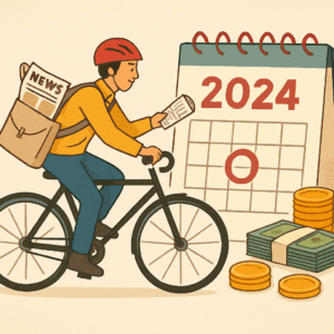 Avisbud på cykel afleverer aviser ved en kalender med 2024, omgivet af penge for at illustrere avisbud løn og bonus.