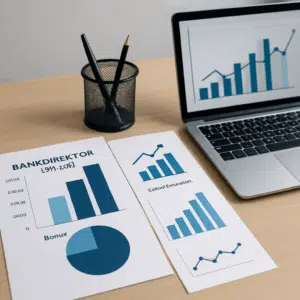 Bankdirektør løn 2024 vist med diagrammer og laptop på kontorbord, inklusive bonusstatistikker og forhandlingstips