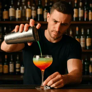 Bartender bag baren hælder farverig cocktail i glas med flasker i baggrunden – billede til artikel om bartender løn i Danmark
