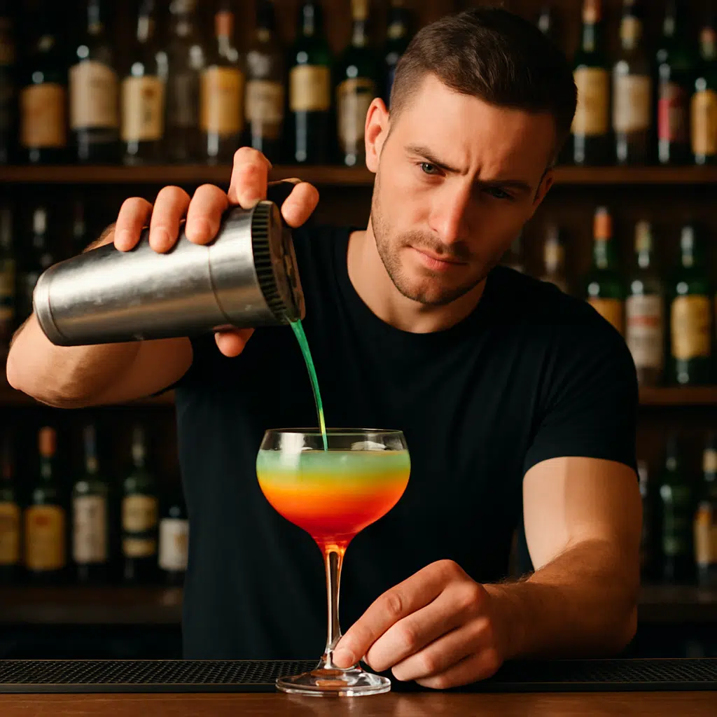 Bartender bag baren hælder farverig cocktail i glas med flasker i baggrunden – billede til artikel om bartender løn i Danmark