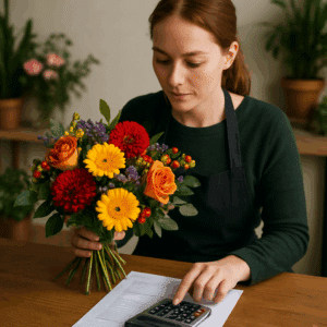 Blomsterbinder arrangerer farverig buket ved skrivebord med lønseddel og lommeregner.