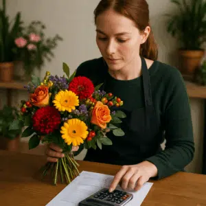 Blomsterbinder arrangerer farverig buket ved skrivebord med lønseddel og lommeregner.