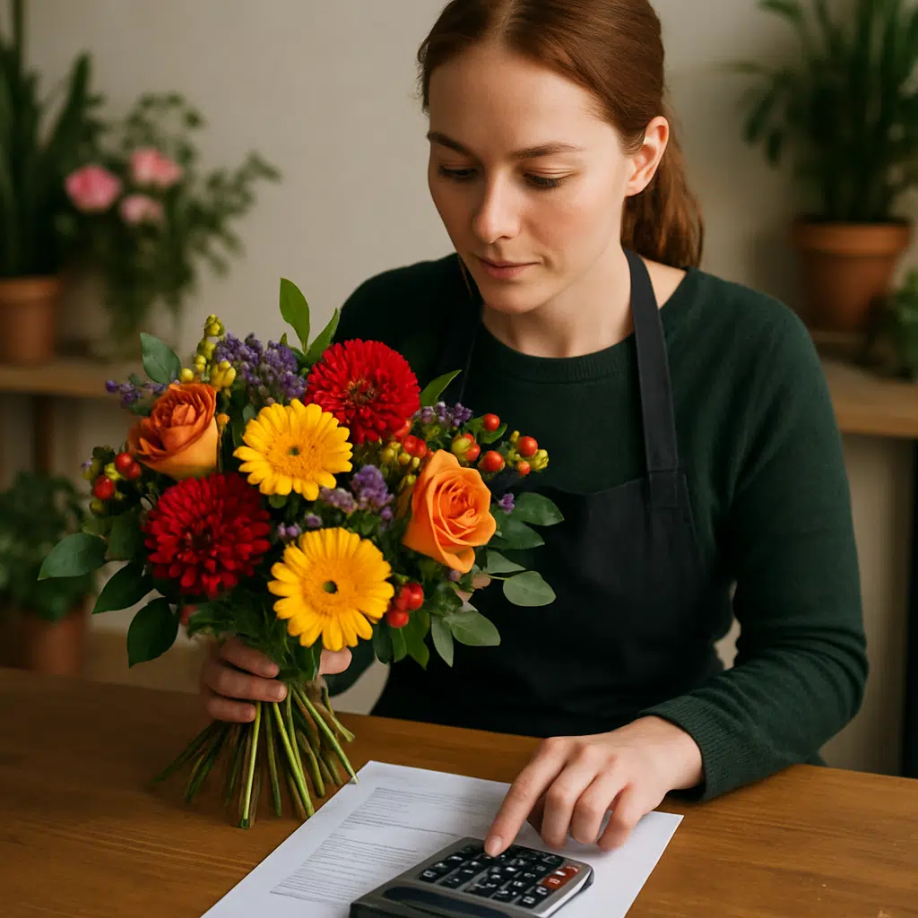 Blomsterbinder arrangerer farverig buket ved skrivebord med lønseddel og lommeregner.