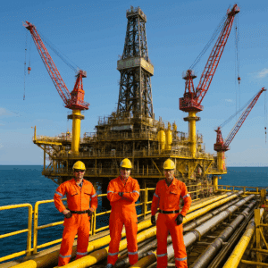 Boreplatform til offshore-boring med synlige kraner, rør og arbejdere iført sikkerhedsudstyr klar til arbejde
