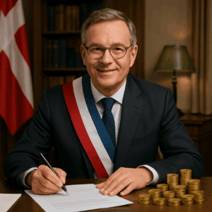 Borgmester ved skrivebord med papirer og mønter, der illustrerer borgmester løn i 2024