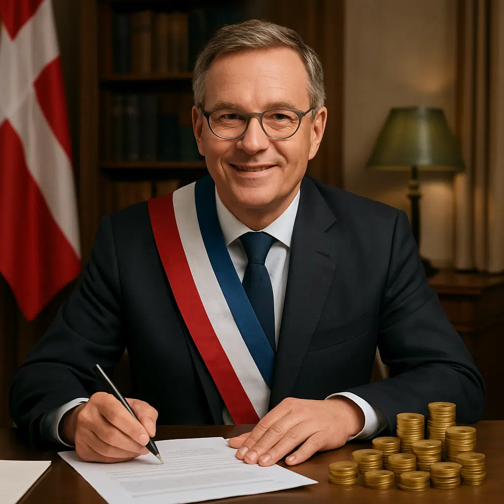 Borgmester ved skrivebord med papirer og mønter, der illustrerer borgmester løn i 2024