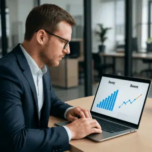 Business Development Manager gennemgår grafer over løn og bonusser på laptop i kontormiljø.