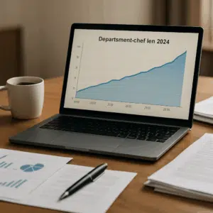Skrivebord med laptop viser graf over departementschef løn 2024, dokumenter, kuglepen og kaffekop i forhandlingsmiljø