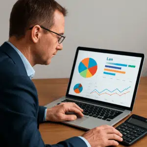 Driftschef analyserer driftschef-løn for 2024 på laptop med farverige diagrammer og en kalkulator klar til næste lønforhandling