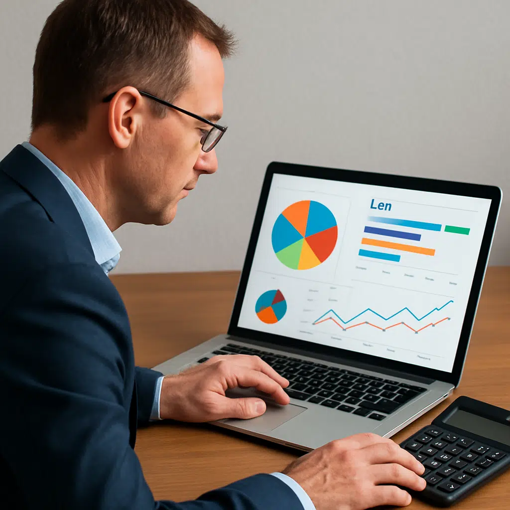 Driftschef analyserer driftschef-løn for 2024 på laptop med farverige diagrammer og en kalkulator klar til næste lønforhandling