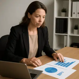 Kvindelig driftskoordinator ved skrivebord med laptop og grafer over lønstatistikker klar til forhandling.