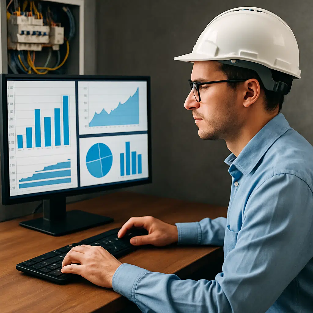 Elektroingeniør arbejder ved computer med grafer og tal, der illustrerer lønstatistikker for 2024.