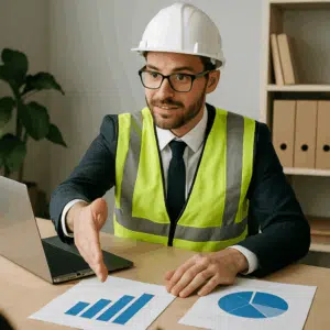 Entreprenør forhandler sin løn ved skrivebord med laptop og lønstatistikker for 2024