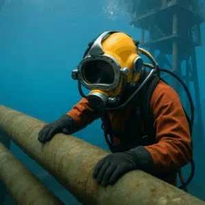 Erhvervsdykker i fuld dykkerdragt og hjelm inspicerer undervandsrørledning ved en offshore-platform