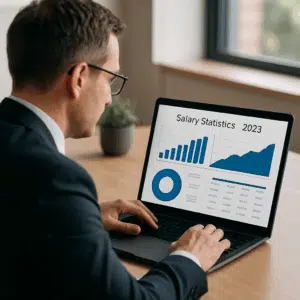 Erhvervsrådgiver gennemgår lønstatistikker på laptop med diagrammer og tal for 2023