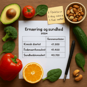 Tabel med gennemsnitsløn for ernæring og sundhed i 2024, omgivet af sunde fødevarer og karriereråd.