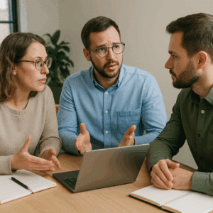 Tre familiebehandlere diskuterer lønforhandling ved skrivebord med laptop og noter.