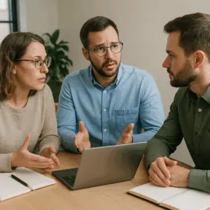 Tre familiebehandlere diskuterer lønforhandling ved skrivebord med laptop og noter.