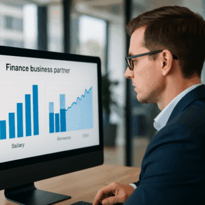 Finance business partner løn analyseres på skærm med grafer over gennemsnitsløn, bonusser og markedsudsving for 2024.