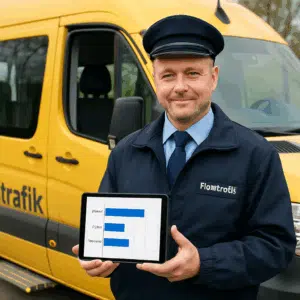 Flextrafik chauffør i uniform ved bus, holder tablet med lønoversigt for 2024, viser tillæg og pension