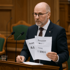 Folketingets formand ved talerstolen i Folketingssalen med dokumenter om årsløn, bonusser og tillæg for 2024.