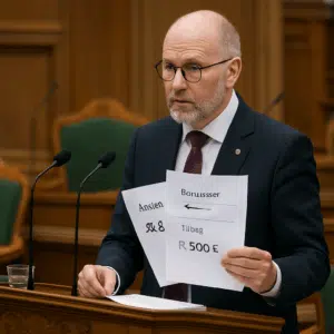 Folketingets formand ved talerstolen i Folketingssalen med dokumenter om årsløn, bonusser og tillæg for 2024.