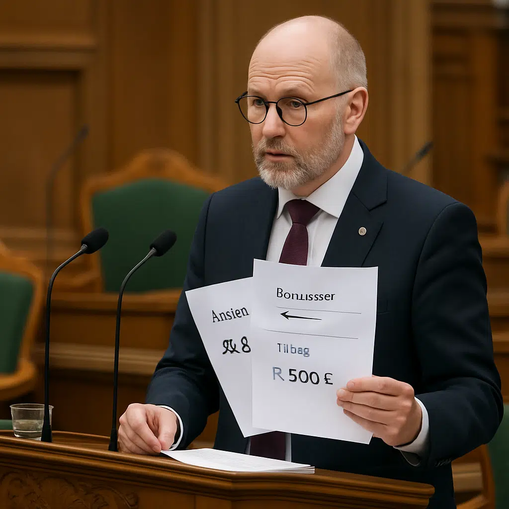 Folketingets formand ved talerstolen i Folketingssalen med dokumenter om årsløn, bonusser og tillæg for 2024.