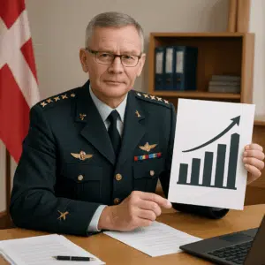 Dansk forsvarschef i officeruniform ved skrivebord med lønstatistik, illustrerer forsvarschef løn op til 130.000 kr. om måneden.