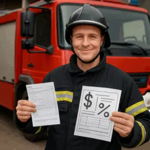 Frivillig brandmand løn: Brandmand i uniform ved en brandbil med lønseddel og skattepapirer, symbol på overblik over satser og fradrag