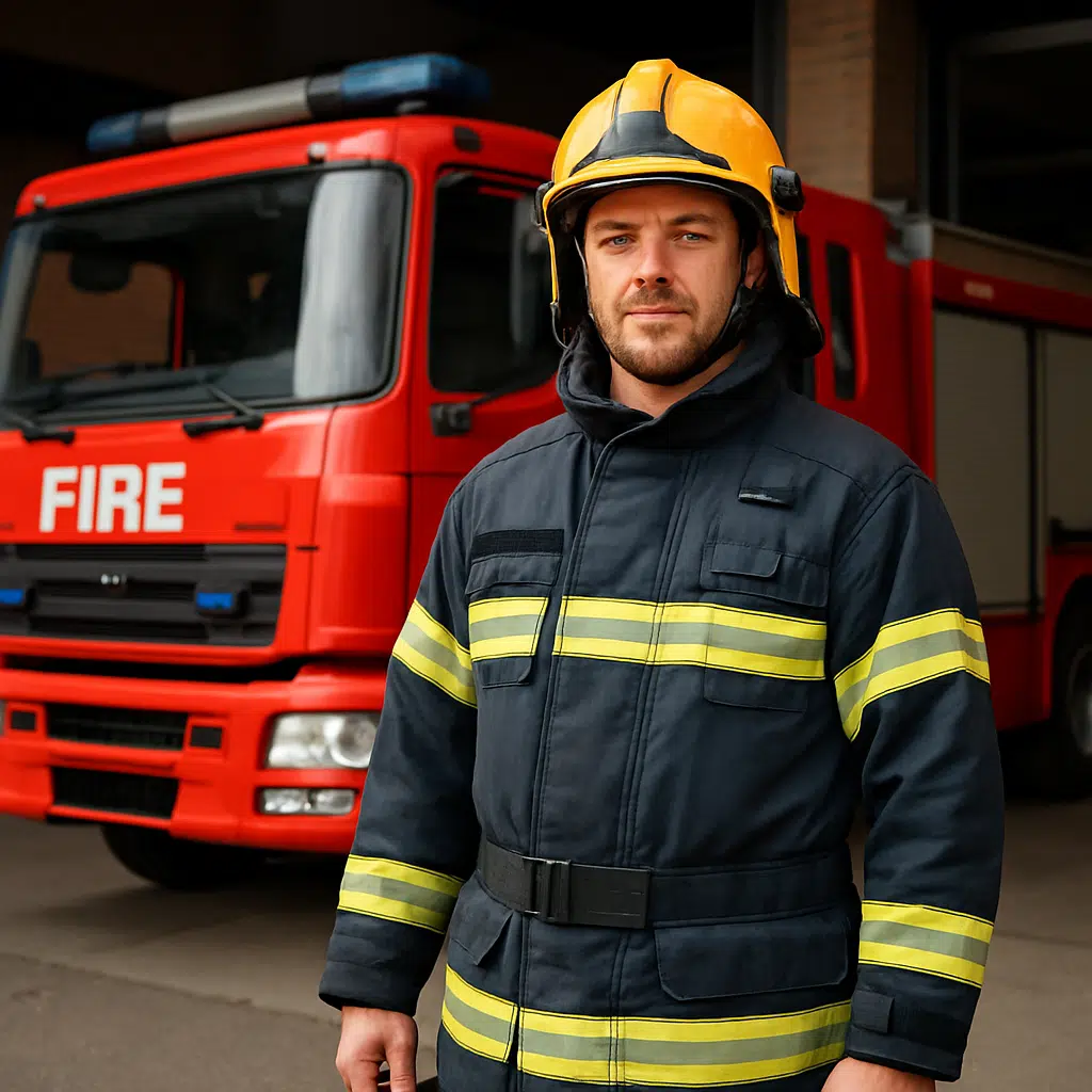 Frivillig brandmand løn: Brandmand i uniform ved en brandbil med lønseddel og skattepapirer, symbol på overblik over satser og fradrag