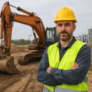 Maskinfører iført arbejdshjelm og refleksvest ved gravemaskine på byggeplads, der illustrerer graver løn og karriereoversigt 2024