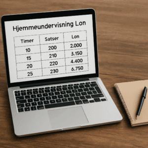 Laptop med tabel over hjemmeundervisning løn satser på et træbord ved siden af notesbog og kuglepen